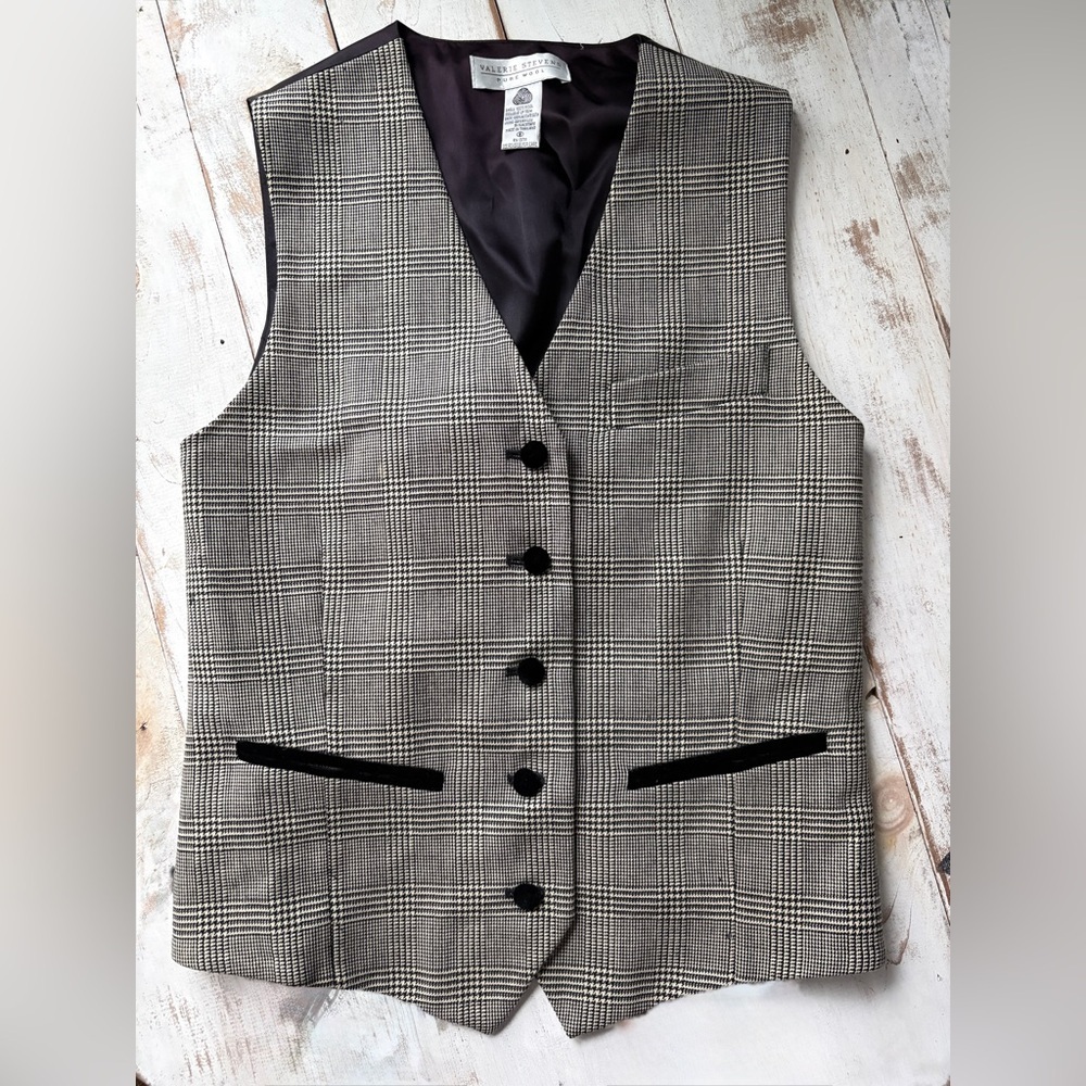 Vintage VALERIE STEVENS pure wool black & white Glenn plaid vest velvet sz 8 EUC